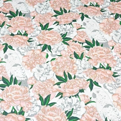 100% Baumwolle rosa Blumen mit Papageien auf weißem Hintergrund  