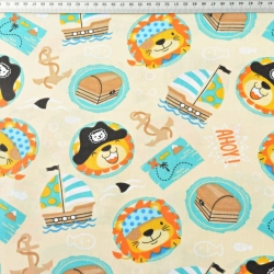 Baumwolle 100% Tiere Piraten auf beigem Hintergrund  
