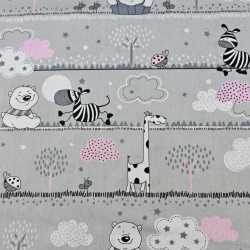 Baumwolle 100% rosa Bären und Giraffen in Streifen auf grauem Hintergrund  