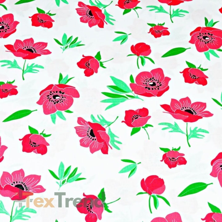 100% Baumwolle - rote Mohnblumen auf weißem Hintergrund  