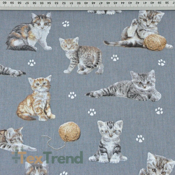Baumwolle 100% beige-weiße Katzen auf dunkelgrauem Hintergrund  