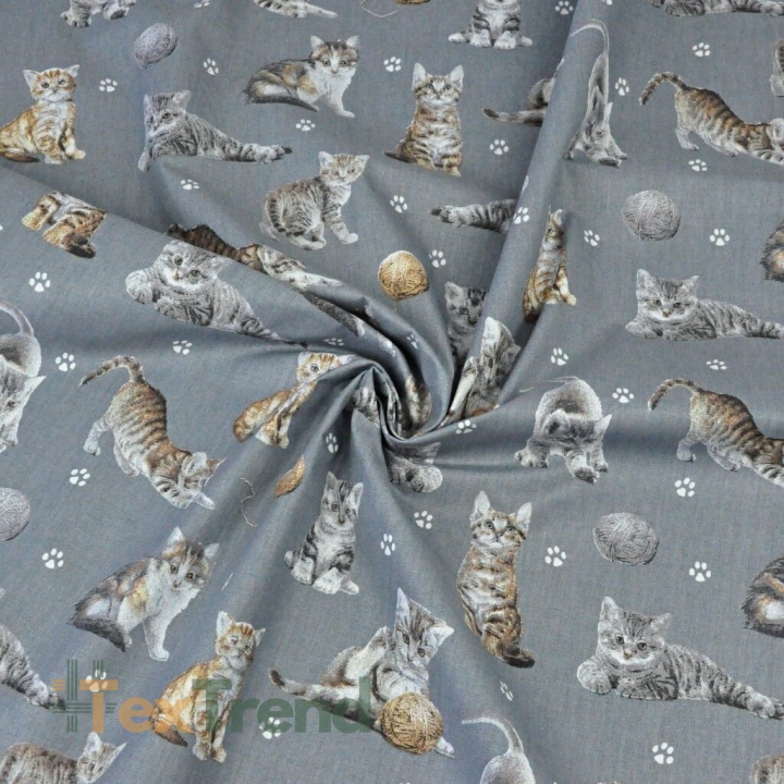 Baumwolle 100% beige-weiße Katzen auf dunkelgrauem Hintergrund  