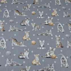 Baumwolle 100% beige-weiße Katzen auf dunkelgrauem Hintergrund  