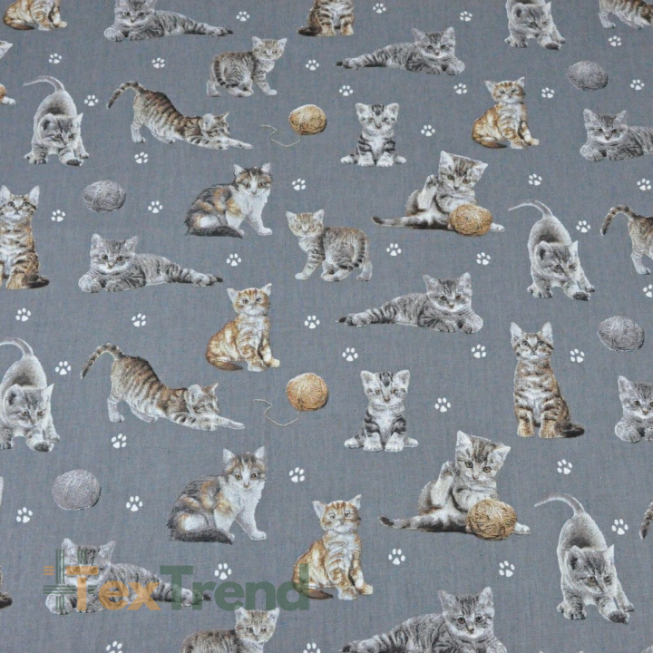 Baumwolle 100% beige-weiße Katzen auf dunkelgrauem Hintergrund  