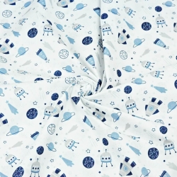 Baumwolle 100% Weltraum MINI blau auf weißem Hintergrund  