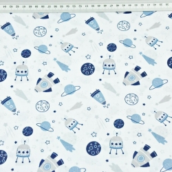 Baumwolle 100% Weltraum MINI blau auf weißem Hintergrund  