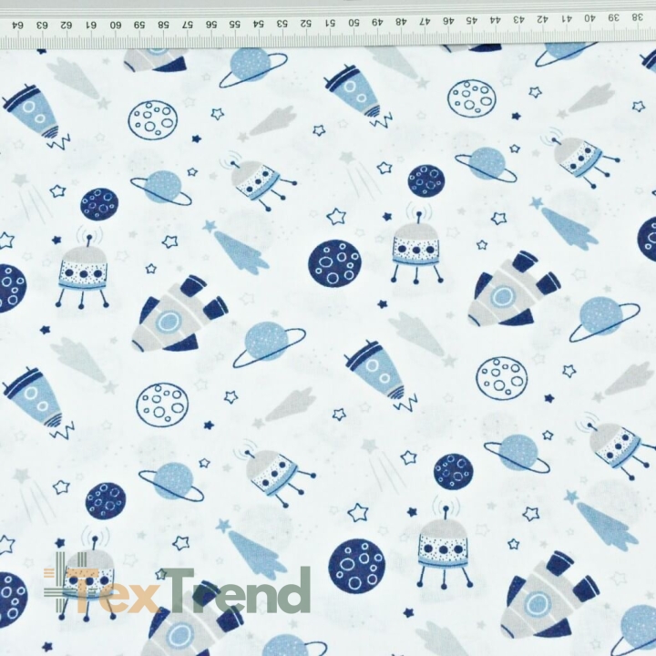 Baumwolle 100% Weltraum MINI blau auf weißem Hintergrund  
