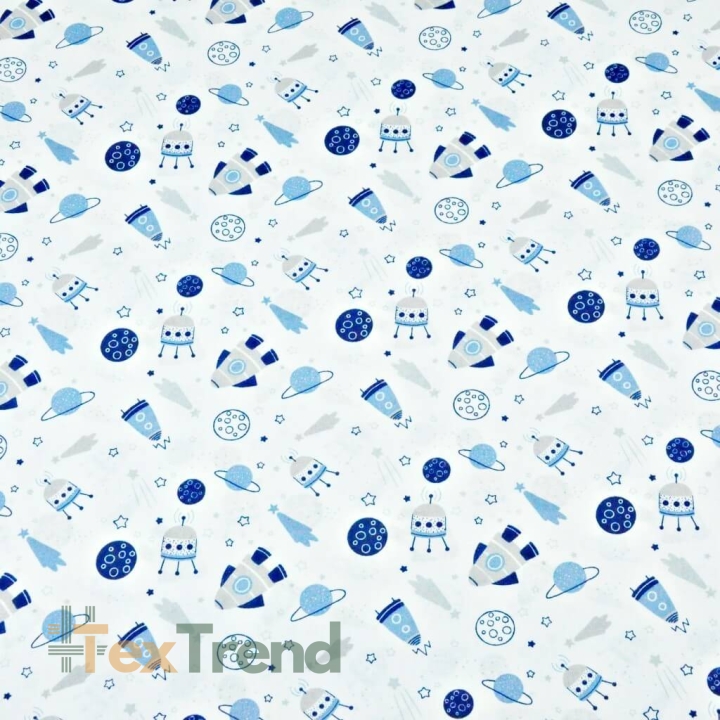 Baumwolle 100% Weltraum MINI blau auf weißem Hintergrund  