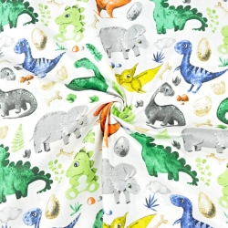 Baumwolle 100% Dinosaurier mit gelbem Pterodaktylus auf weißem Hintergrund  