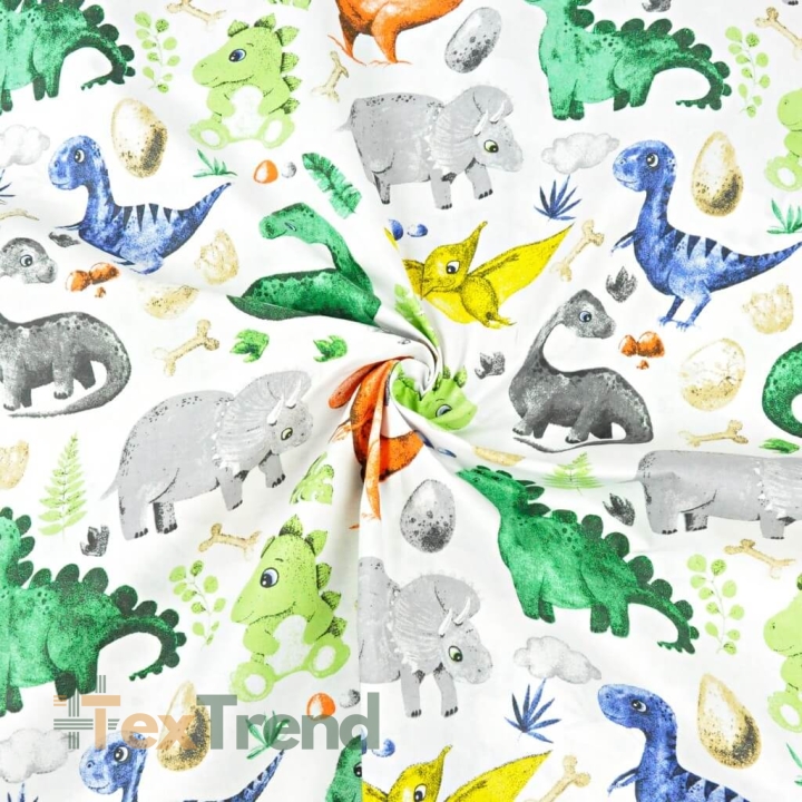 Baumwolle 100% Dinosaurier mit gelbem Pterodaktylus auf weißem Hintergrund  