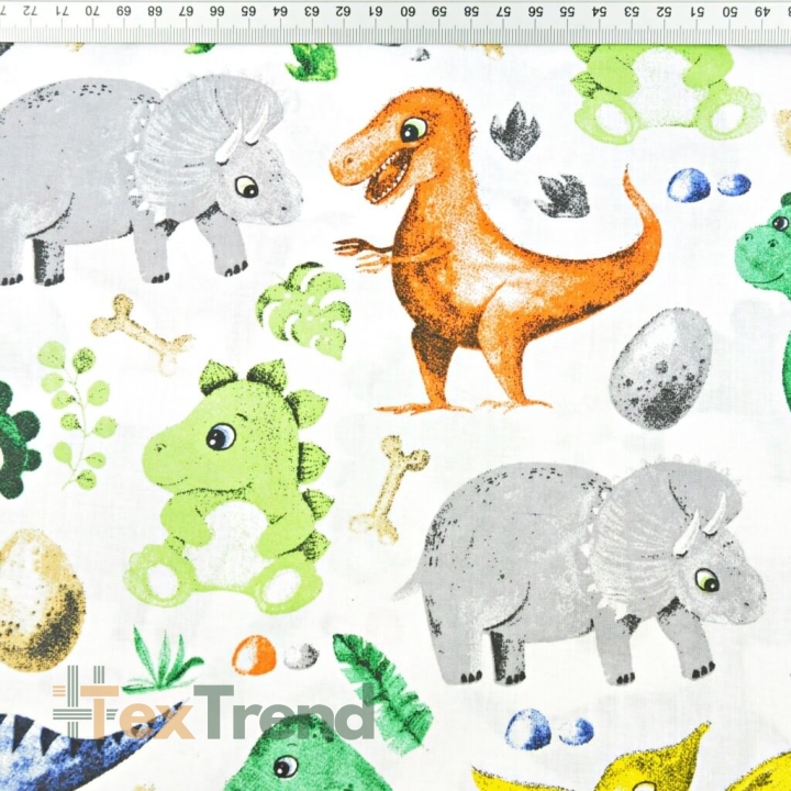 Baumwolle 100% Dinosaurier mit gelbem Pterodaktylus auf weißem Hintergrund  