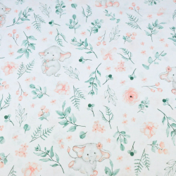 100% Baumwolle - korallenfarbene Elefanten mit Zweigen auf weißem Hintergrund  