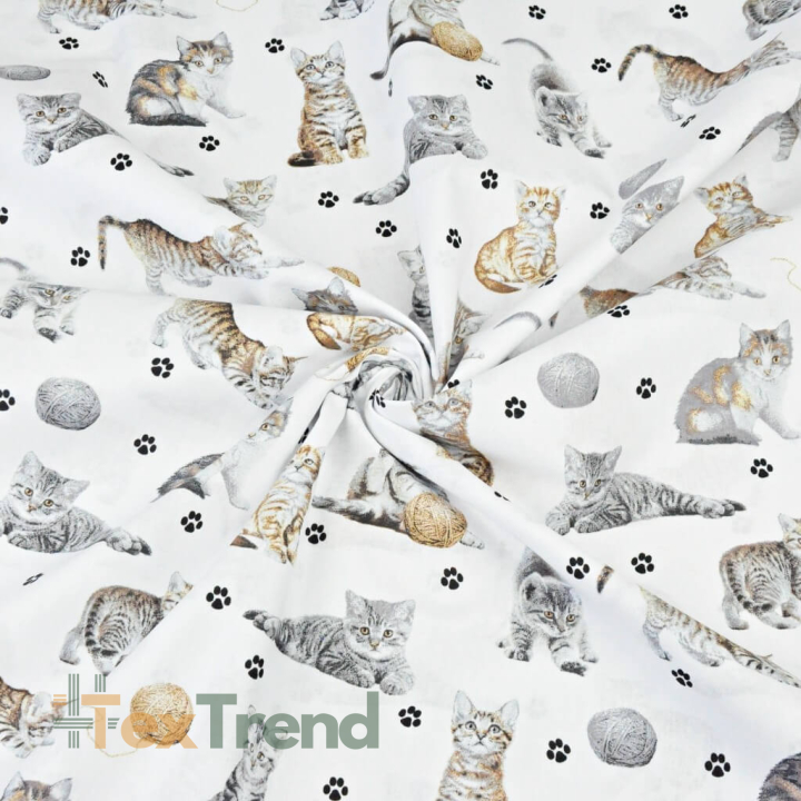 Baumwolle 100% beige-weiße Katzen auf weißem Hintergrund  
