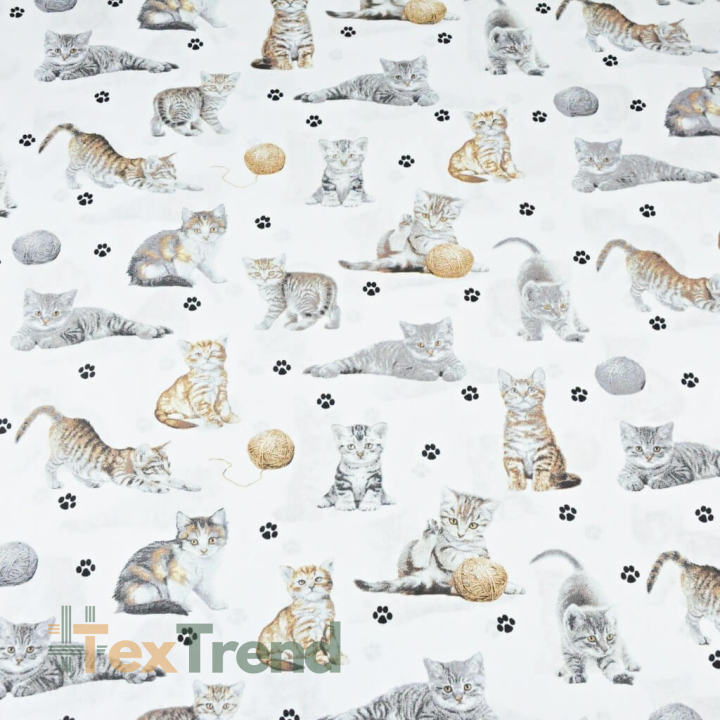 Baumwolle 100% beige-weiße Katzen auf weißem Hintergrund  