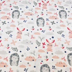 Baumwolle 100% Igel grau mit rosa Hasen auf weißem Hintergrund  