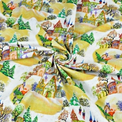 Baumwolle 100% Weihnachtsmuster bunte Häuschen auf weißem Hintergrund  