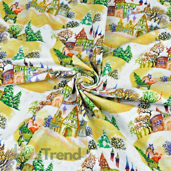 Baumwolle 100% Weihnachtsmuster bunte Häuschen auf weißem Hintergrund  