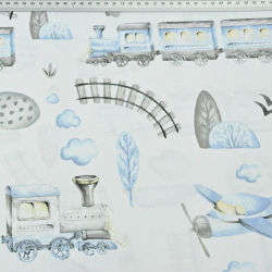 Baumwolle 100% Lokomotive und Flugzeug blau-grau gezeichnet auf weißem Hintergrund  