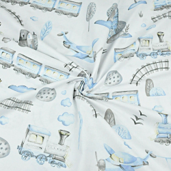 Baumwolle 100% Lokomotive und Flugzeug blau-grau gezeichnet auf weißem Hintergrund  