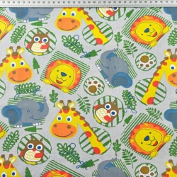 Baumwolle 100% Tiere Löwen Elefanten Giraffen auf hellgrauem Hintergrund  