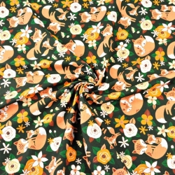Baumwolle 100% Füchse beige mit orangefarbenen Blumen auf dunkelgrünem Hintergrund  