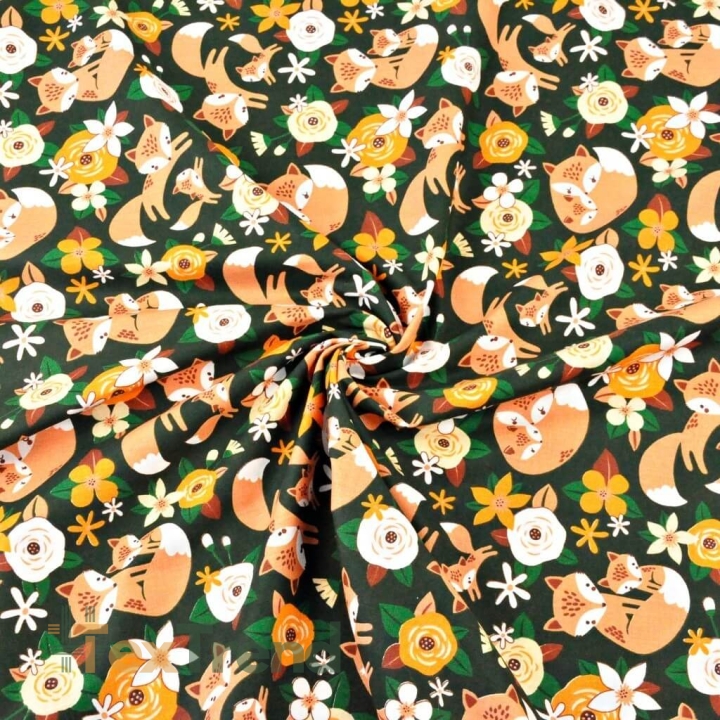 Baumwolle 100% Füchse beige mit orangefarbenen Blumen auf dunkelgrünem Hintergrund  