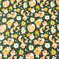Baumwolle 100% Füchse beige mit orangefarbenen Blumen auf dunkelgrünem Hintergrund  