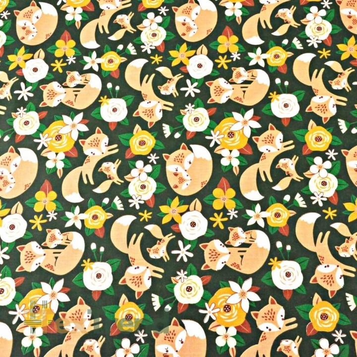Baumwolle 100% Füchse beige mit orangefarbenen Blumen auf dunkelgrünem Hintergrund  