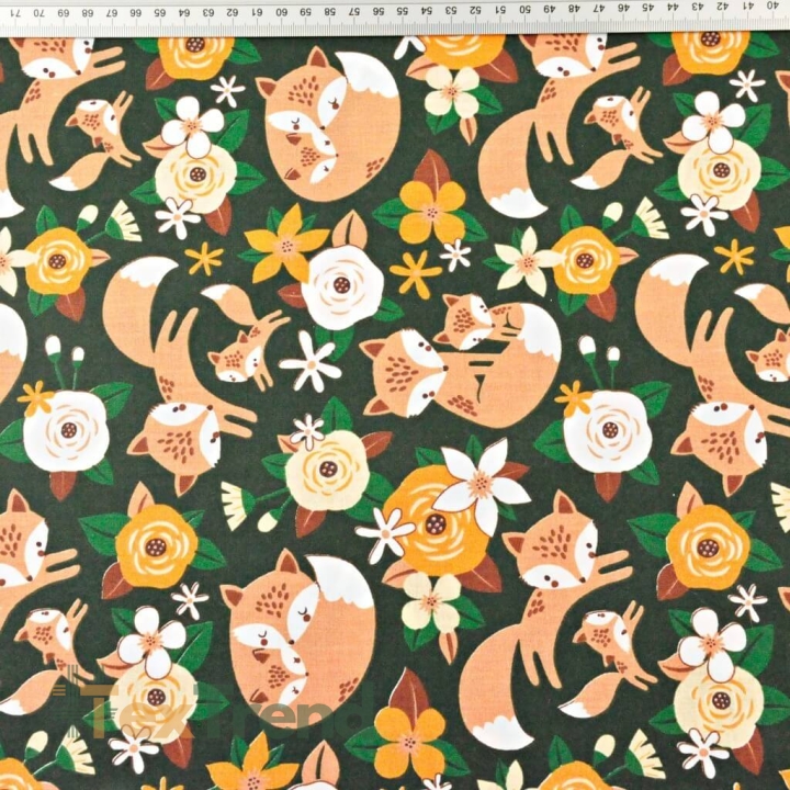 Baumwolle 100% Füchse beige mit orangefarbenen Blumen auf dunkelgrünem Hintergrund  