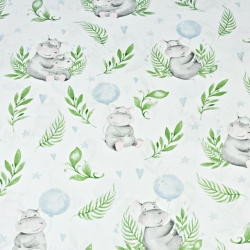 100% Baumwolle - Nilpferde mit blauen Ballons auf weißem Hintergrund  