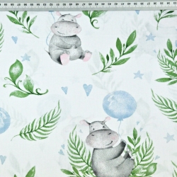 100% Baumwolle - Nilpferde mit blauen Ballons auf weißem Hintergrund  