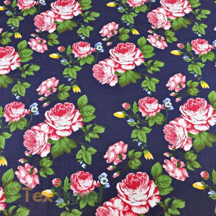 Baumwolle 100% Rosenblüten rosa auf dunkelblauem Hintergrund  