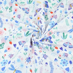 Baumwolle 100% Insekten auf der Wiese blau auf weißem Hintergrund  