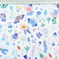 Baumwolle 100% Insekten auf der Wiese blau auf weißem Hintergrund  