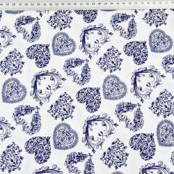 Baumwolle 100% MINI Herzen gemustert dunkelblau auf weißem Hintergrund  