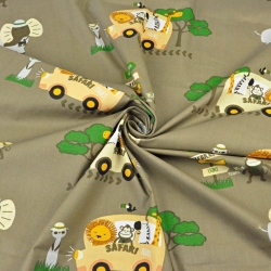 Baumwolle 100% Tiere Safari Bus auf khakifarbenem Hintergrund  