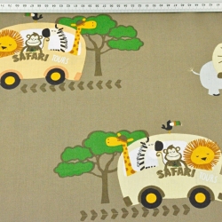 Baumwolle 100% Tiere Safari Bus auf khakifarbenem Hintergrund  