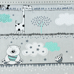 Baumwolle 100% Bären und Giraffen mintgrün gestreift auf grauem Hintergrund  