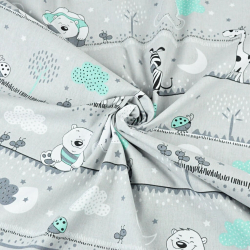 Baumwolle 100% Bären und Giraffen mintgrün gestreift auf grauem Hintergrund  