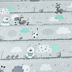 Baumwolle 100% Bären und Giraffen mintgrün gestreift auf grauem Hintergrund  