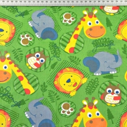 Baumwolle 100% Tiere Löwen Elefanten Giraffen auf grünem Hintergrund  
