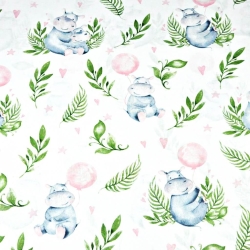 100% Baumwolle - Nilpferde mit rosa Ballons auf weißem Hintergrund  