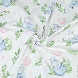 100% Baumwolle - Nilpferde mit rosa Ballons auf weißem Hintergrund  