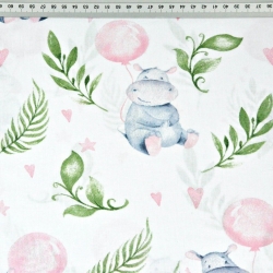 100% Baumwolle - Nilpferde mit rosa Ballons auf weißem Hintergrund  