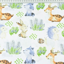 Baumwolle 100% Waldtiere auf der Wiese auf weißem Hintergrund  