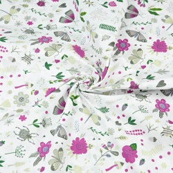 Baumwolle 100% Insekten auf der Wiese lila-grün auf weißem Hintergrund  