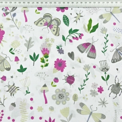 Baumwolle 100% Insekten auf der Wiese lila-grün auf weißem Hintergrund  