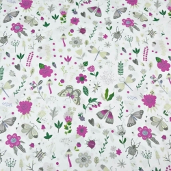 Baumwolle 100% Insekten auf der Wiese lila-grün auf weißem Hintergrund  