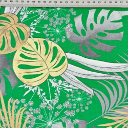 Baumwolle 100% Monstera-Blätter gelb-grau auf grünem Hintergrund  