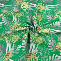 Baumwolle 100% Monstera-Blätter gelb-grau auf grünem Hintergrund  